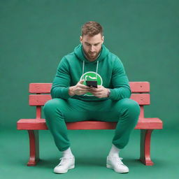 An animated, cartoon-like man seated on a bench, engrossed in his phone, with a vibrant and playful Whatsapp logo playfully interposed in the background.