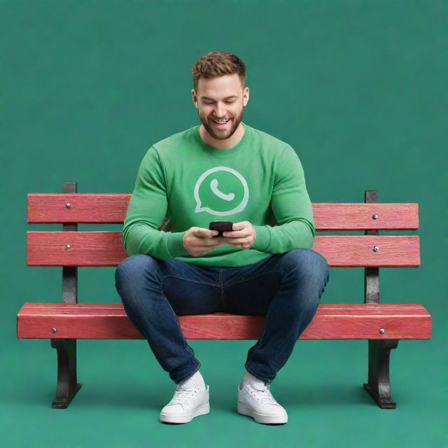 An animated, cartoon-like man seated on a bench, engrossed in his phone, with a vibrant and playful Whatsapp logo playfully interposed in the background.