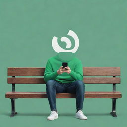 A cartoon-style man leisurely sitting on a bench, deeply engaged in his phone, with a big, imaginative Whatsapp logo incorporated whimsically in the background.