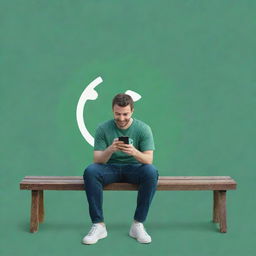 A cartoon-style man leisurely sitting on a bench, deeply engaged in his phone, with a big, imaginative Whatsapp logo incorporated whimsically in the background.