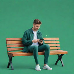 A cartoon-style man leisurely sitting on a bench, deeply engaged in his phone, with a big, imaginative Whatsapp logo incorporated whimsically in the background.