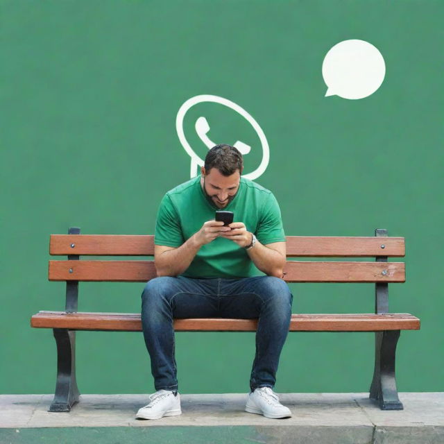 A cartoon-style man leisurely sitting on a bench, deeply engaged in his phone, with a big, imaginative Whatsapp logo incorporated whimsically in the background.