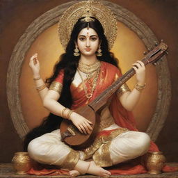 Goddess Saraswati with an expression of resignation, as if she is fed up with humanity's actions.