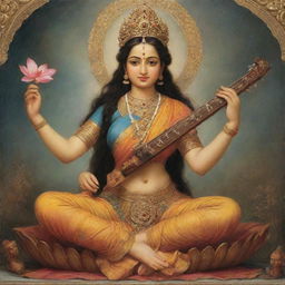 Goddess Saraswati with an expression of resignation, as if she is fed up with humanity's actions.