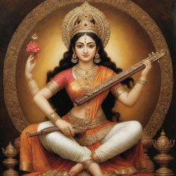 Goddess Saraswati with an expression of resignation, as if she is fed up with humanity's actions.