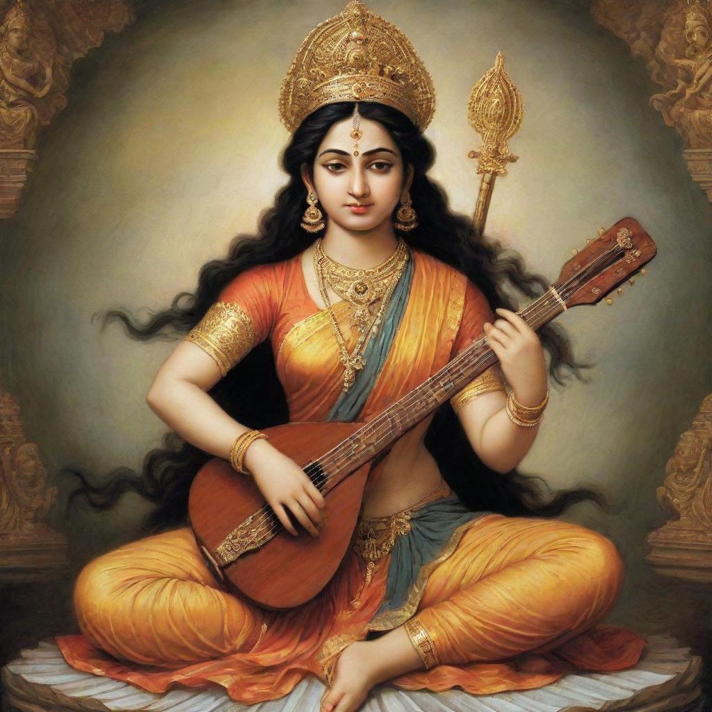 Goddess Saraswati with an expression of resignation, as if she is fed up with humanity's actions.