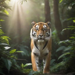 A majestic tiger in its prime, standing strong in a dense jungle with sunlight filtering through the foliage.