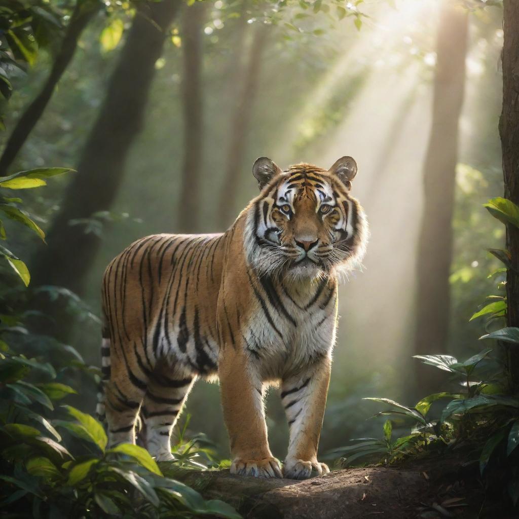 A majestic tiger in its prime, standing strong in a dense jungle with sunlight filtering through the foliage.