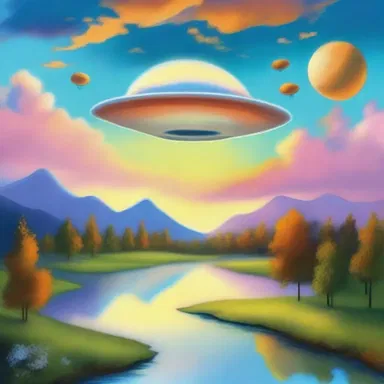 The artist painted a beautiful landscape with a saucer floating in the sky.
