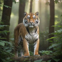 A majestic tiger in its prime, standing strong in a dense jungle with sunlight filtering through the foliage.