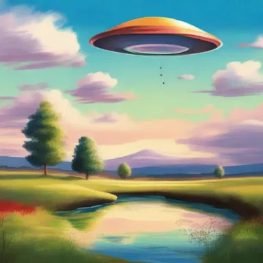 The artist painted a beautiful landscape with a saucer floating in the sky.