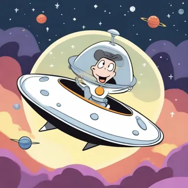 In the cartoon, the character uses a saucer as a flying vehicle to explore outer space.