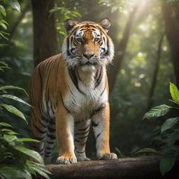 A majestic tiger in its prime, standing strong in a dense jungle with sunlight filtering through the foliage.