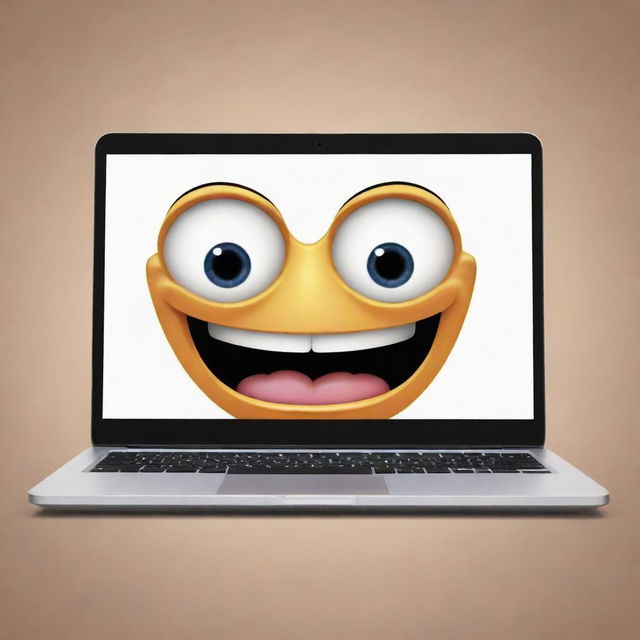 A whimsical representation of a laptop with cartoonish features, including expressive eyes and a broad, cheerful mouth, giving the impression of laughter.