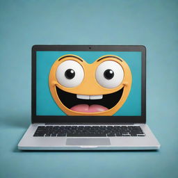 A whimsical representation of a laptop with cartoonish features, including expressive eyes and a broad, cheerful mouth, giving the impression of laughter.