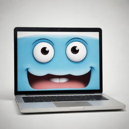 A whimsical representation of a laptop with cartoonish features, including expressive eyes and a broad, cheerful mouth, giving the impression of laughter.