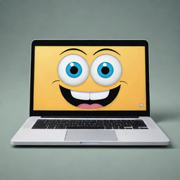 A whimsical representation of a laptop with cartoonish features, including expressive eyes and a broad, cheerful mouth, giving the impression of laughter.