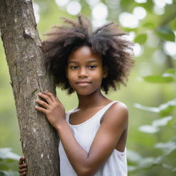 A young black girl surrounded by the essence of nature, showing her deep affection for the environment. She is perhaps hugging a tree or cherishing a flower with a backdrop of serene woods and clear sky.