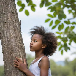 A young black girl surrounded by the essence of nature, showing her deep affection for the environment. She is perhaps hugging a tree or cherishing a flower with a backdrop of serene woods and clear sky.