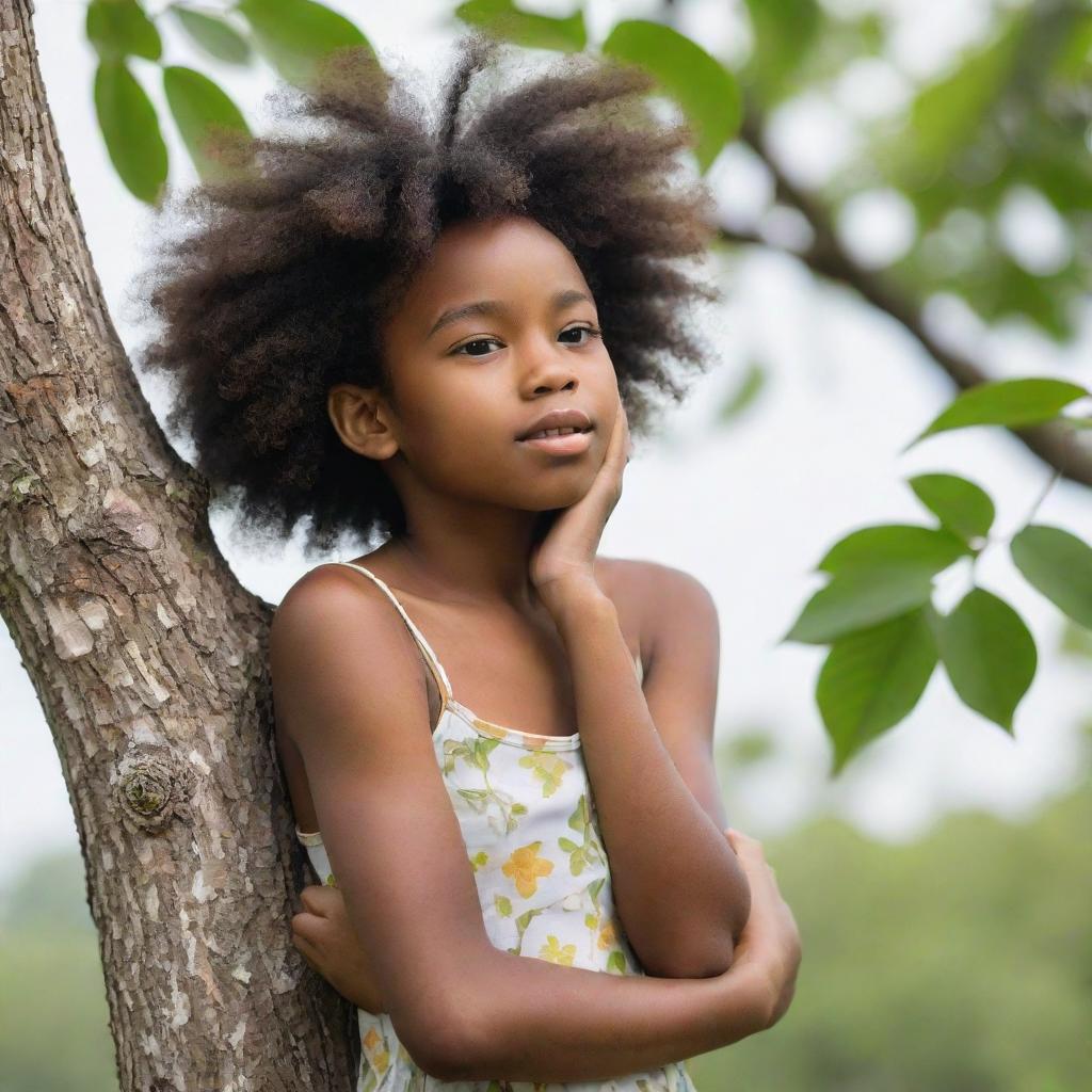 A young black girl surrounded by the essence of nature, showing her deep affection for the environment. She is perhaps hugging a tree or cherishing a flower with a backdrop of serene woods and clear sky.