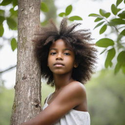 A young black girl surrounded by the essence of nature, showing her deep affection for the environment. She is perhaps hugging a tree or cherishing a flower with a backdrop of serene woods and clear sky.