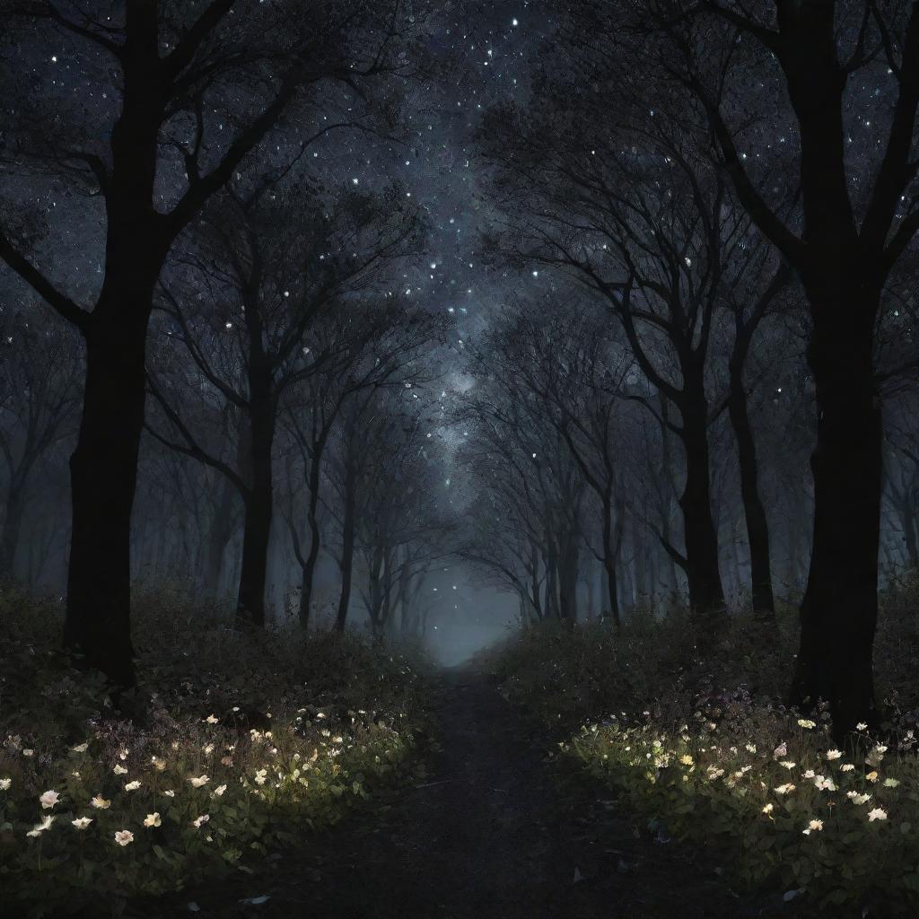 A dark, enchanting forest under a starry sky, with heart-shaped flowers blooming amidst the black foliage, emanating love and tranquility.