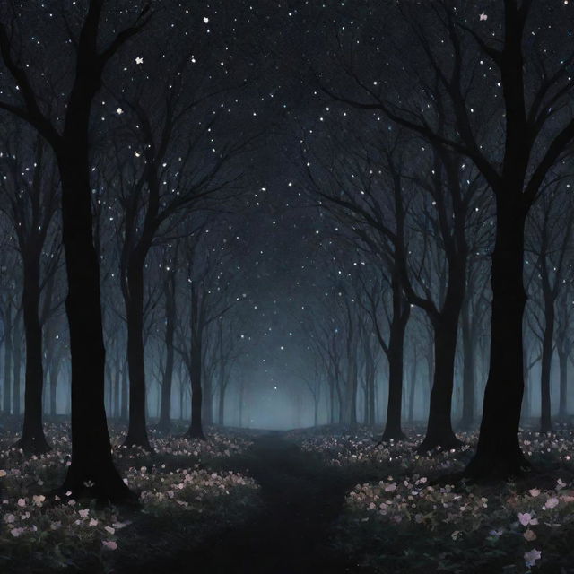 A dark, enchanting forest under a starry sky, with heart-shaped flowers blooming amidst the black foliage, emanating love and tranquility.