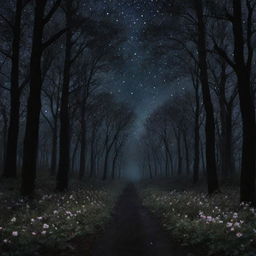 A dark, enchanting forest under a starry sky, with heart-shaped flowers blooming amidst the black foliage, emanating love and tranquility.