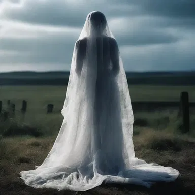 As the ghostly figure emerged from the darkness, its tattered balbriggan gown rustled with an eerie whisper.