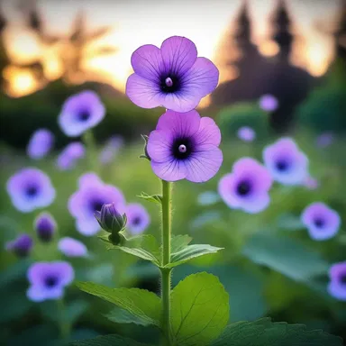 As the sun set, the tall mallow in the garden transformed into a sinister creature with glowing purple flowers, emitting a haunting scent that paralyzed anyone who approached.