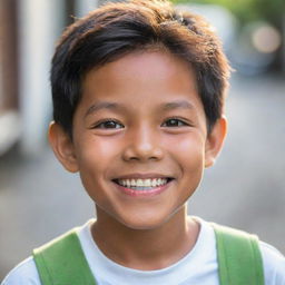 A radiant portrait of a charming Filipino boy with twinkling eyes and a joyful smile, expressing the warm exuberance of youth.