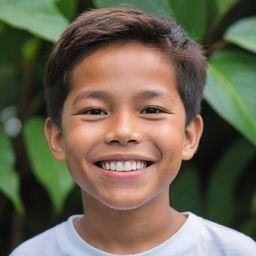 A radiant portrait of a charming Filipino boy with twinkling eyes and a joyful smile, expressing the warm exuberance of youth.