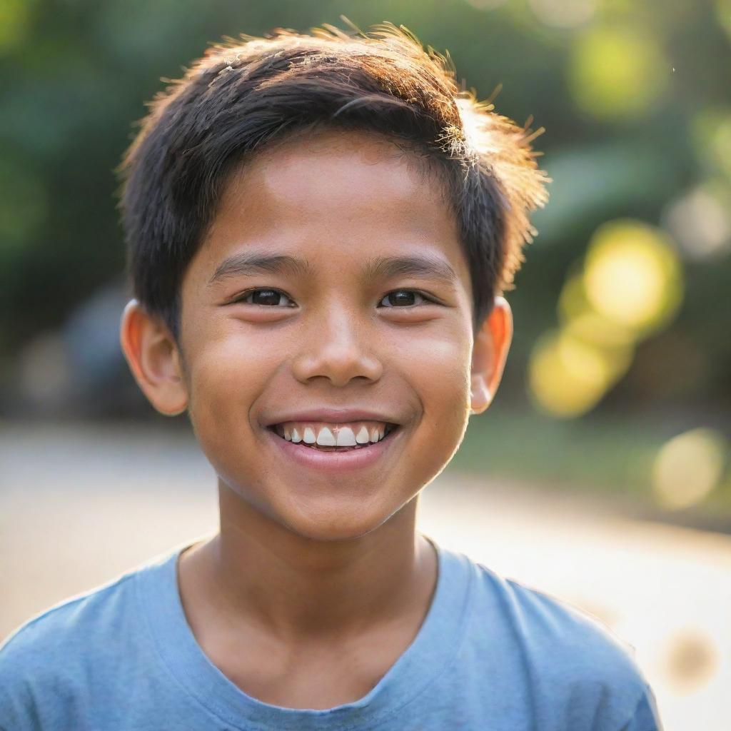 A radiant portrait of a charming Filipino boy with twinkling eyes and a joyful smile, expressing the warm exuberance of youth.