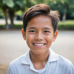 A radiant portrait of a charming Filipino boy with twinkling eyes and a joyful smile, expressing the warm exuberance of youth.