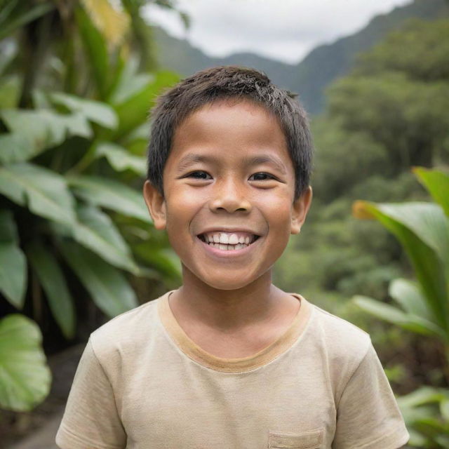 A detailed portrait of a happy Filipino boy showing a cheerful expression, exuding warmth and joy, against a scenic tropical backdrop.