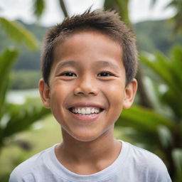 A detailed portrait of a happy Filipino boy showing a cheerful expression, exuding warmth and joy, against a scenic tropical backdrop.