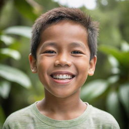 A detailed portrait of a happy Filipino boy showing a cheerful expression, exuding warmth and joy, against a scenic tropical backdrop.