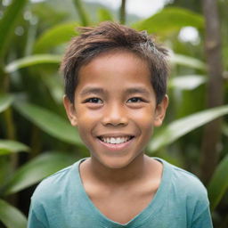 A detailed portrait of a happy Filipino boy showing a cheerful expression, exuding warmth and joy, against a scenic tropical backdrop.