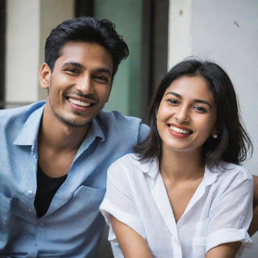 A stylish young man named Bikash relaxing casually with a chic woman named Nikita in a friendly atmosphere, both are laughing.