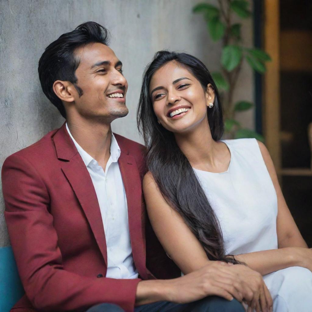 A stylish young man named Bikash relaxing casually with a chic woman named Nikita in a friendly atmosphere, both are laughing.