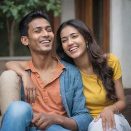 A stylish young man named Bikash relaxing casually with a chic woman named Nikita in a friendly atmosphere, both are laughing.