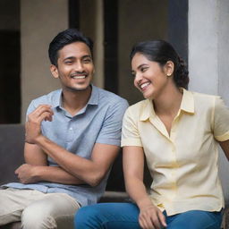 A stylish young man named Bikash relaxing casually with a chic woman named Nikita in a friendly atmosphere, both are laughing.