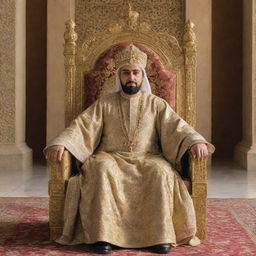 A regal Arabic king in resplendent attire, seated on a gilded throne in a grand palace