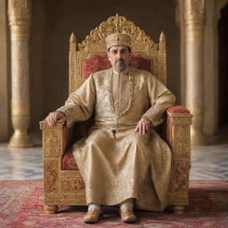 A regal Arabic king in resplendent attire, seated on a gilded throne in a grand palace