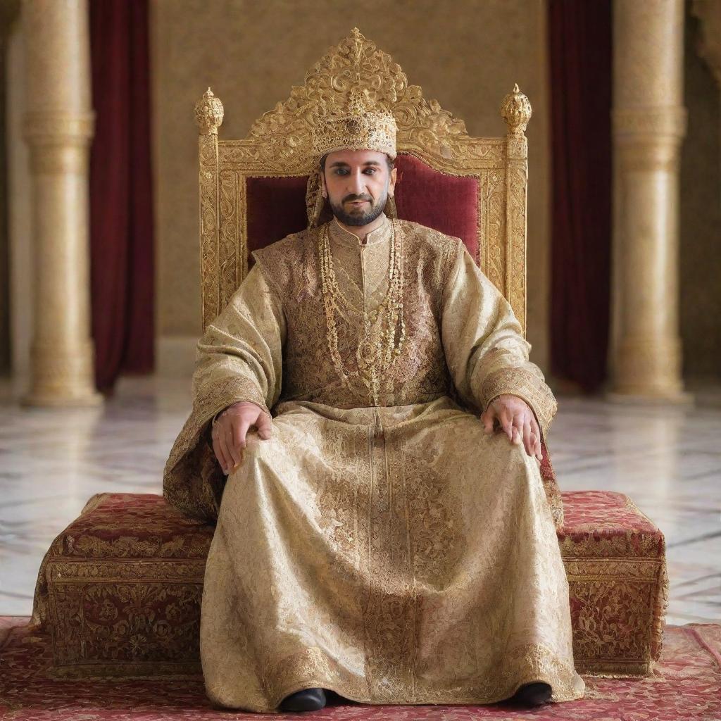 A regal Arabic king in resplendent attire, seated on a gilded throne in a grand palace