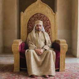 A regal Arabic king in resplendent attire, seated on a gilded throne in a grand palace