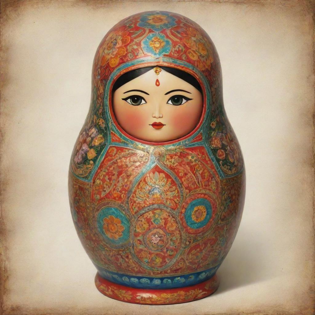 Generate an artistic and symbolic representation of the 5 Koshas (layers of being) from Hindu philosophy: the physical, energetic, mental, wisdom, and blissful layers, each nested within the other like a matryoshka doll.