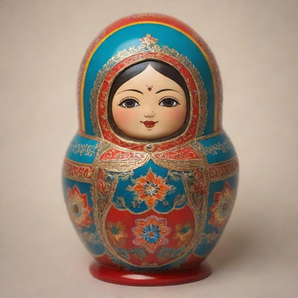 Generate an artistic and symbolic representation of the 5 Koshas (layers of being) from Hindu philosophy: the physical, energetic, mental, wisdom, and blissful layers, each nested within the other like a matryoshka doll.