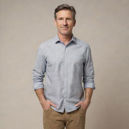 A detailed and realistic image of a man in casual attire, standing confidently against a neutral background.