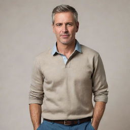 A detailed and realistic image of a man in casual attire, standing confidently against a neutral background.